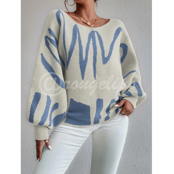 Knit Graphic Pullover Sweater Dirty Off White with Blue Bishop Sleeve Stretchy - Picture 6 of 11